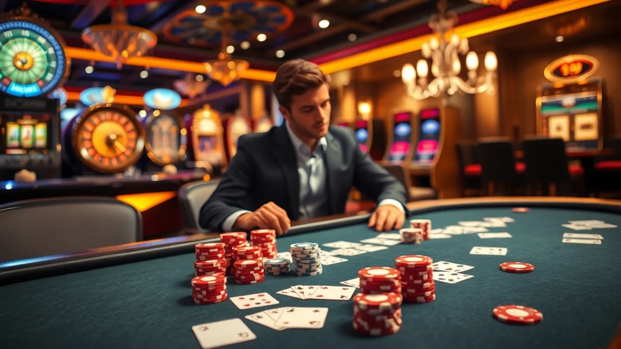 Exciting casino scene showcasing PS 99 poker chips and high-end gaming tables filled with action.