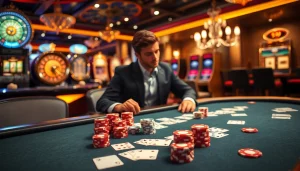 Exciting casino scene showcasing PS 99 poker chips and high-end gaming tables filled with action.