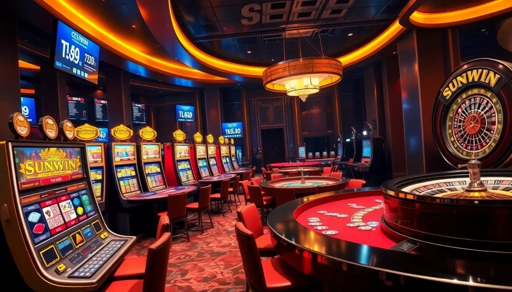 Engaging casino atmosphere with SUNWIN-style slot machines and poker tables.