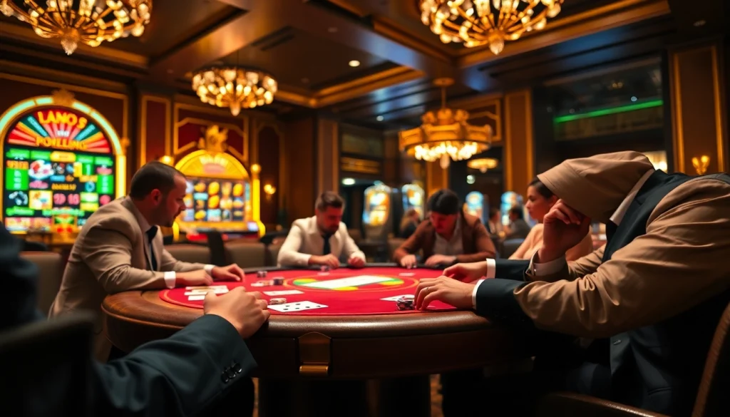 Engage in high-stakes poker gameplay at Link PG99's luxurious casino environment featuring colorful chips.