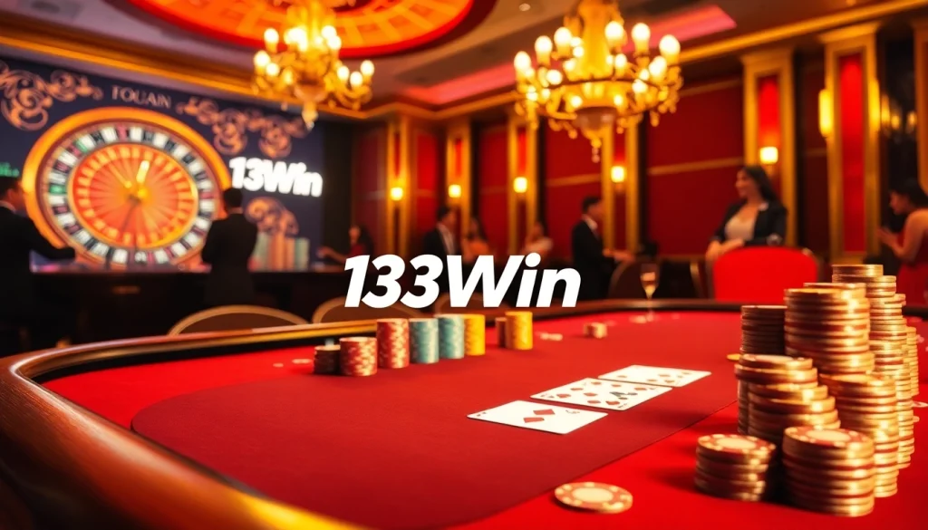 Players engaging at a luxurious poker table featuring 13Win branded chips and cards.