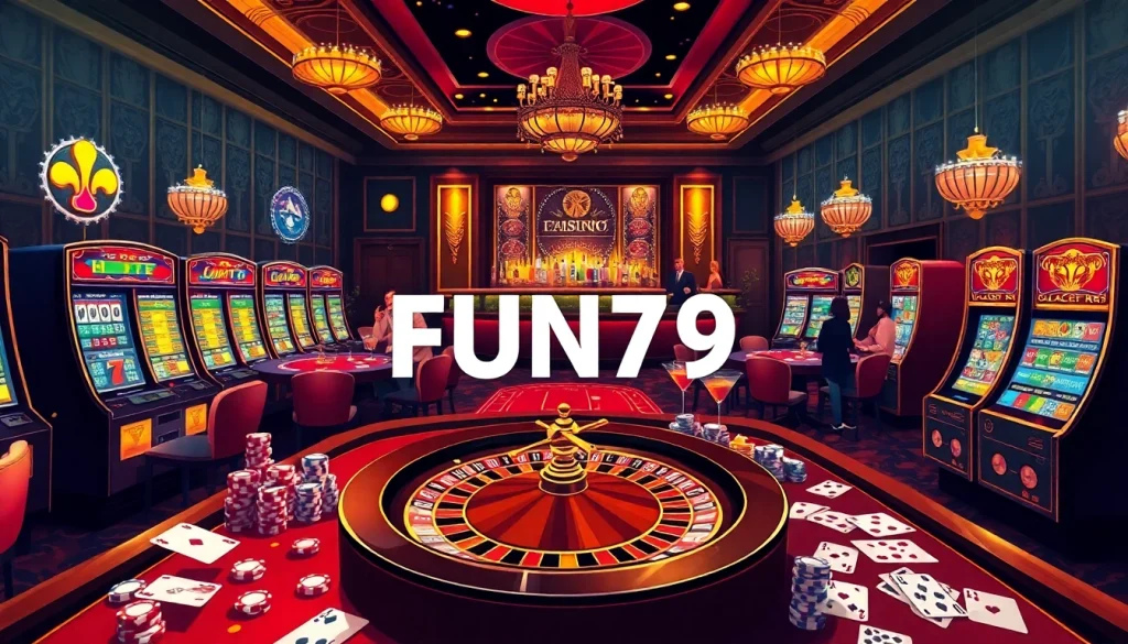 Experience the excitement of FUN79 in a luxurious casino with vibrant tables and players.