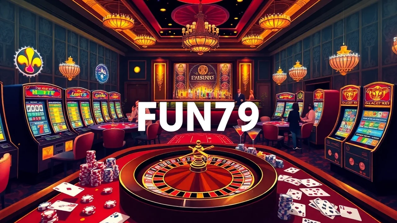 Experience the excitement of FUN79 in a luxurious casino with vibrant tables and players.
