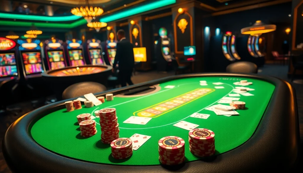 B52 casino guests engaged at an upscale blackjack table with colorful poker chips.