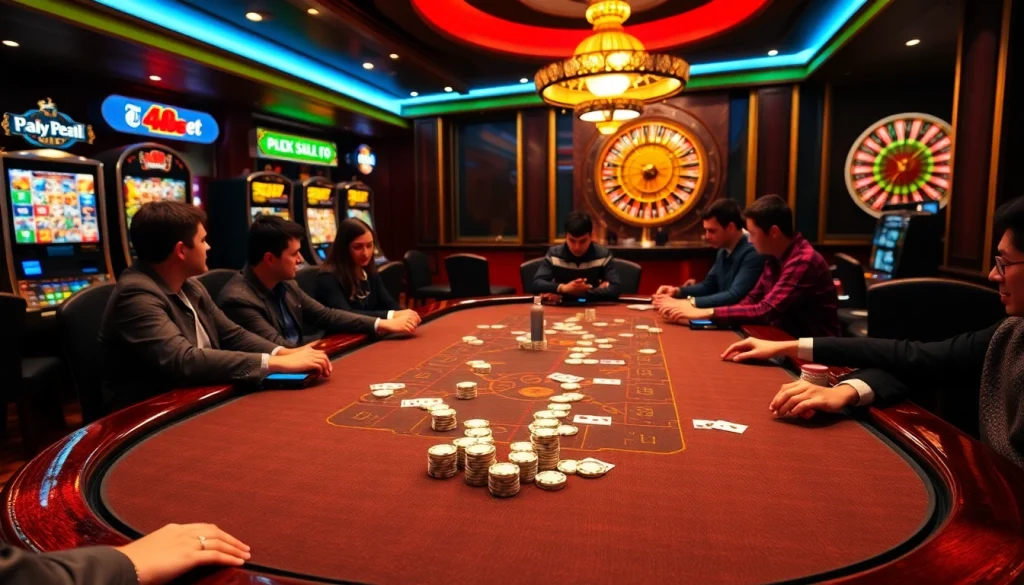 i9bet offers an exciting casino atmosphere with poker tables, vibrant slot machines, and a roulette wheel.
