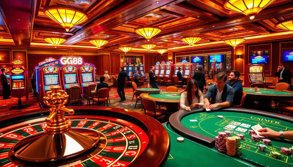 Experience the excitement of GG88 with vibrant casino visuals showcasing thrilling games and betting action.