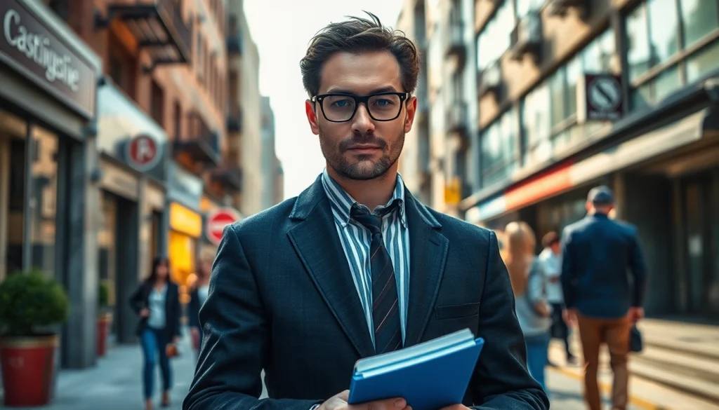 Hire personal investigator scrutinizing urban surroundings with focus.