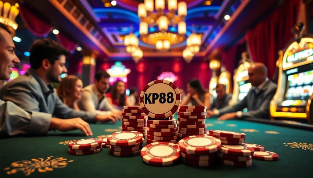 Engaging KP88 poker scene featuring vibrant colors and enthusiastic players at a casino table.