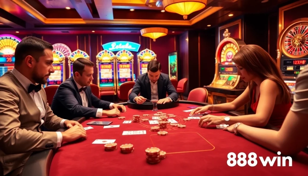 Experience the excitement of 98win as players engage in high-stakes poker amidst dazzling casino visuals.