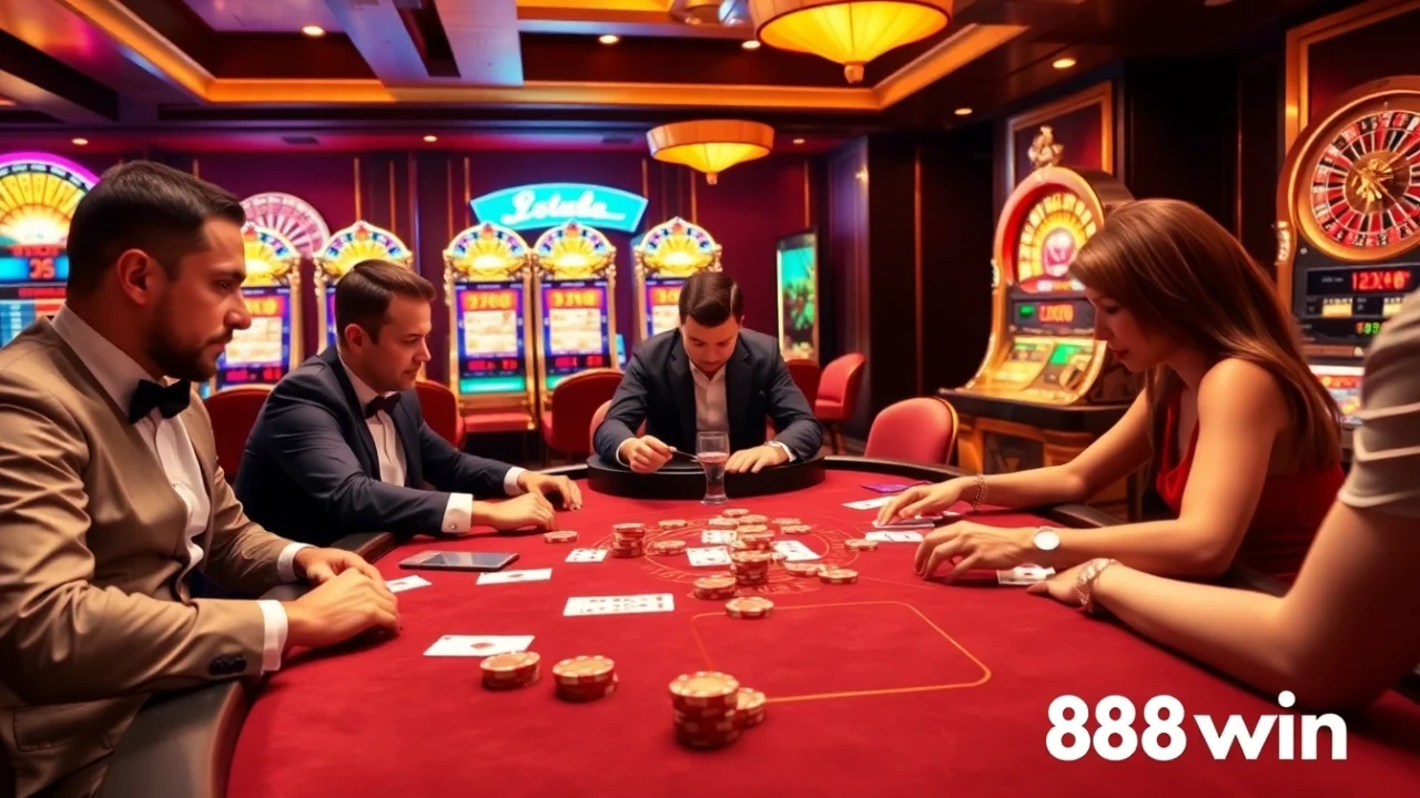 Experience the excitement of 98win as players engage in high-stakes poker amidst dazzling casino visuals.