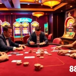 Experience the excitement of 98win as players engage in high-stakes poker amidst dazzling casino visuals.