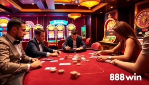 Experience the excitement of 98win as players engage in high-stakes poker amidst dazzling casino visuals.