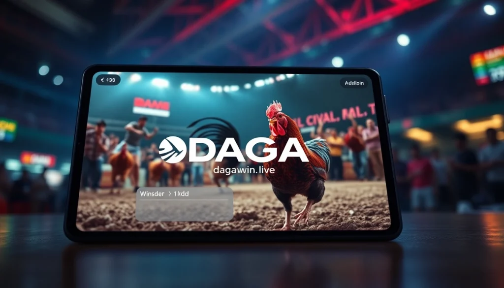 DAGA online betting platform showcasing live cockfighting events on a smartphone screen.