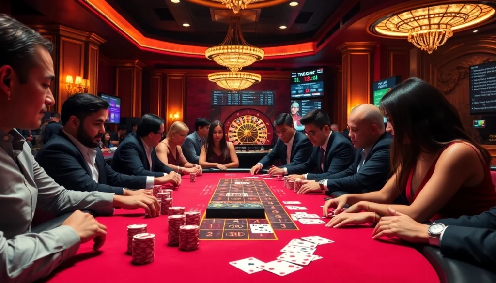 Gamblers engaging in an intense blackjack game with TG88-themed elements in a luxurious casino setting.