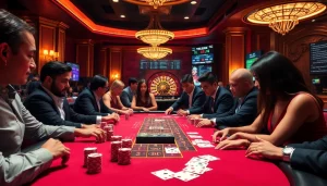 Gamblers engaging in an intense blackjack game with TG88-themed elements in a luxurious casino setting.