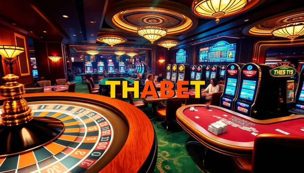 Experience the excitement of THABET in a luxurious casino, featuring poker tables and vibrant slot machines.