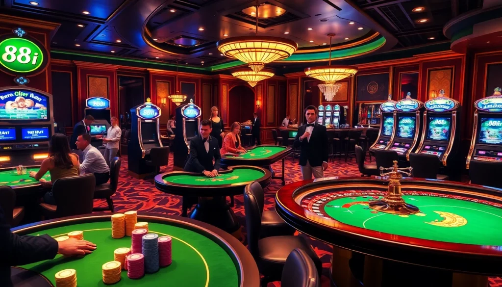 The excitement of winning at 88i casino games with vibrant gambling tables and players engaging in high-stakes bets.
