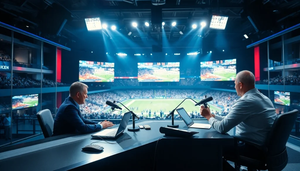 Engaging scene of sports broadcasting with hosts discussing live events.