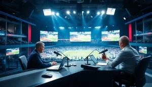 Engaging scene of sports broadcasting with hosts discussing live events.