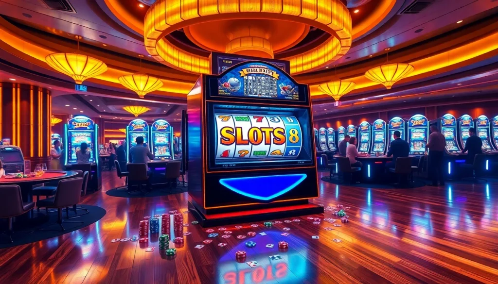 SLOTS8 slot machine in an elegant casino, surrounded by colorful poker chips and lively gamblers.