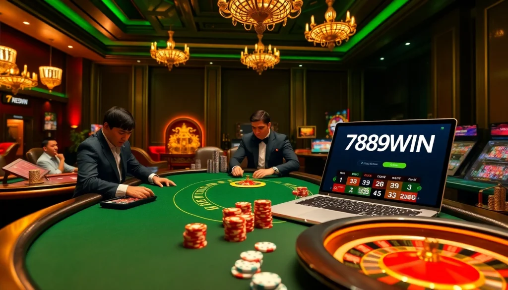 Gambling excitement at the 789WIN table with poker chips, cards, and luxury ambiance.