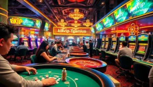 Players enjoying the thrill of rikvip game bài đổi thưởng at a luxurious casino.