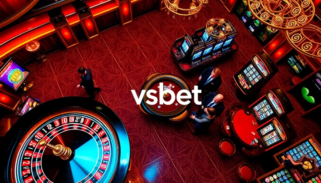 Engage in a thrilling gaming experience at vsbet casino with roulette, poker tables, and vibrant slot machines.