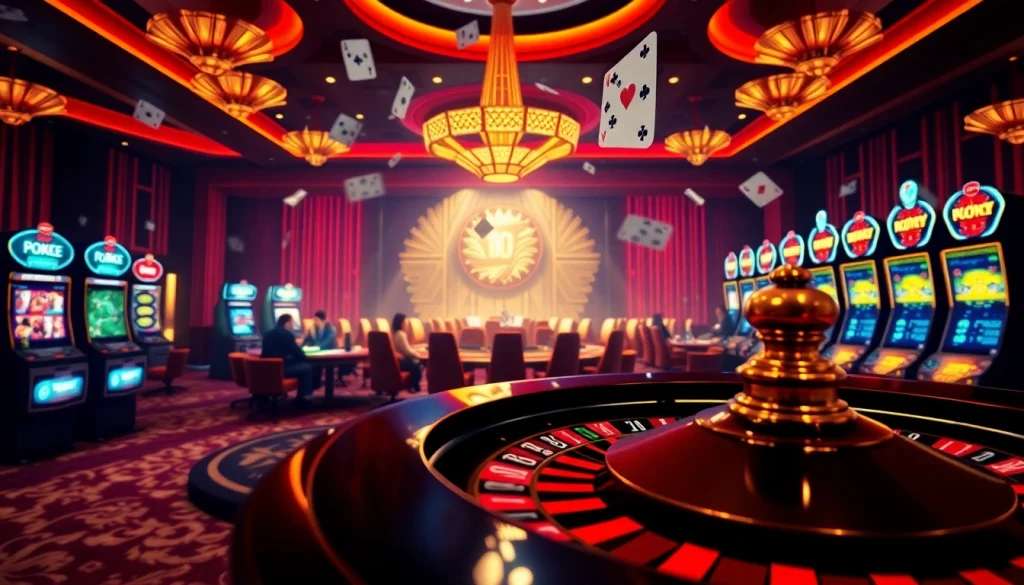 Engaging scene of nhà cái XX88 with vibrant casino elements like cards and roulette.