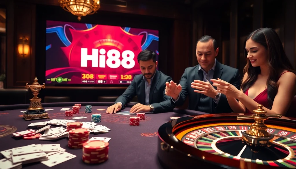 Betting action on a luxurious Hi88 casino table with cards and chips