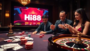 Betting action on a luxurious Hi88 casino table with cards and chips
