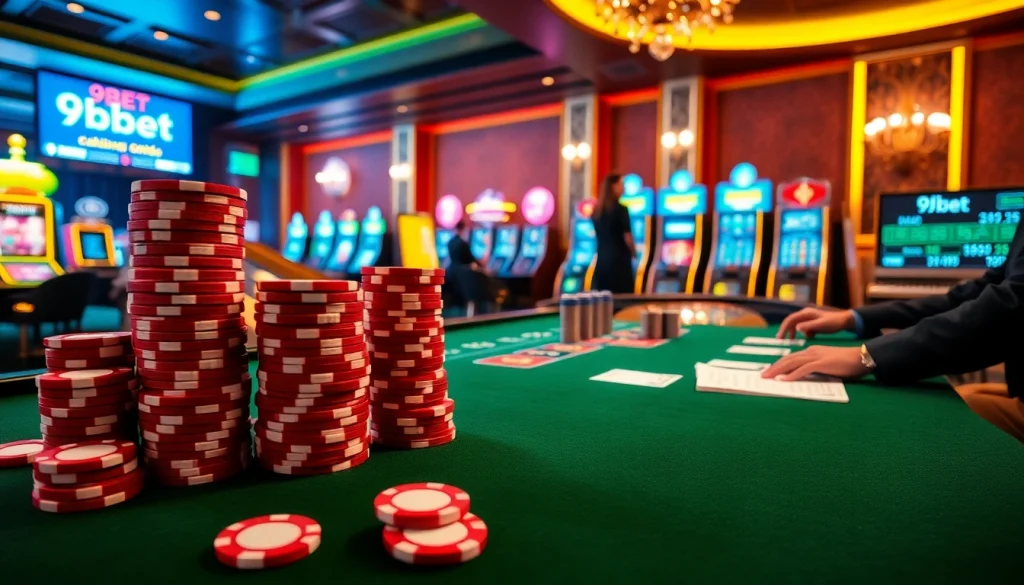 A dealer at a 9bet casino table interacting with players amidst vibrant poker chips and a roulette wheel.