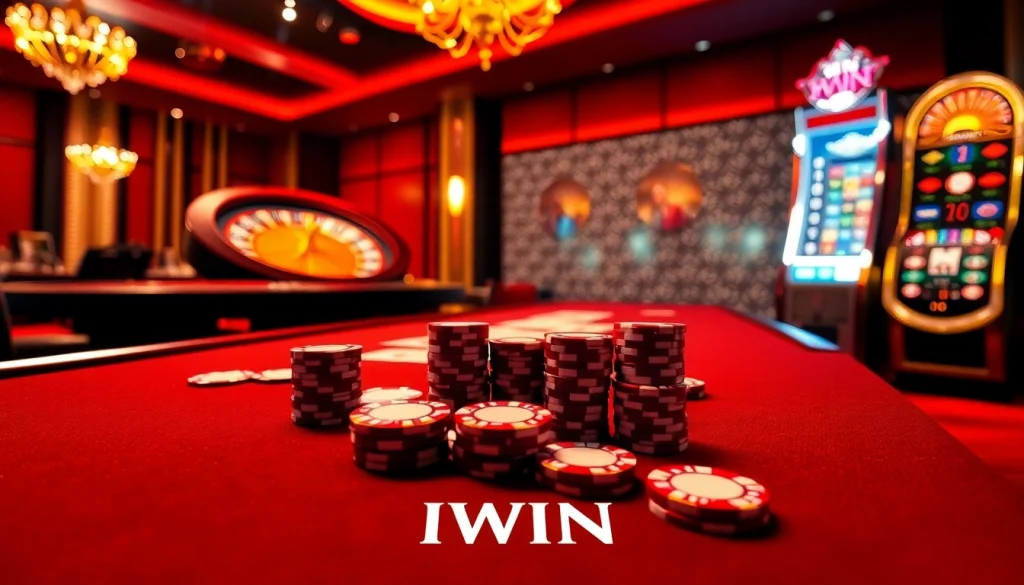IWIN casino players enjoy high-stakes poker action under warm lights at a luxurious gaming table.