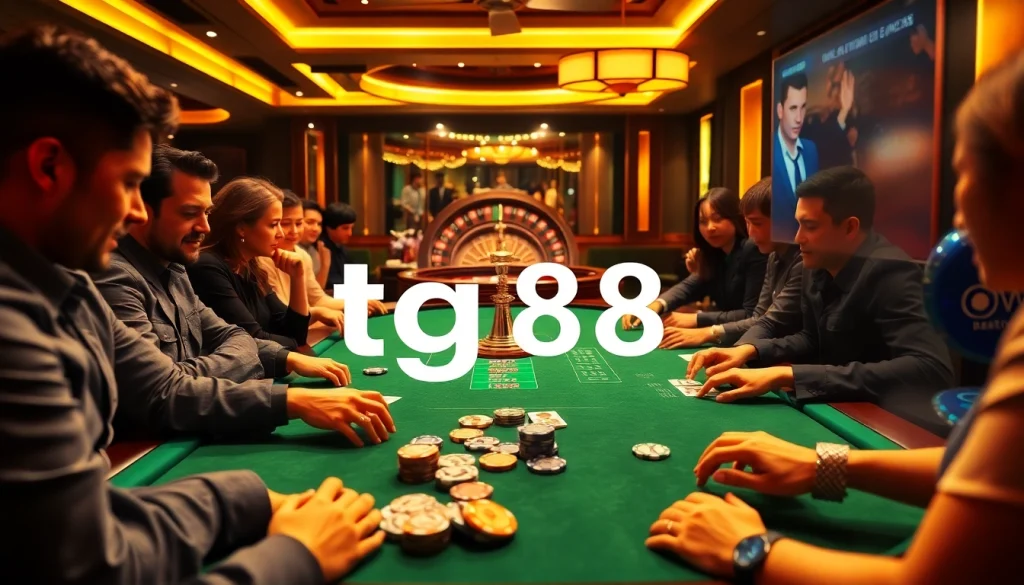 Experience the thrill of tg88 at a luxurious casino poker table with vibrant chips.