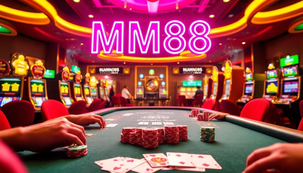MM88 enthusiasts enjoying an exciting high-stakes poker game in a luxurious casino.