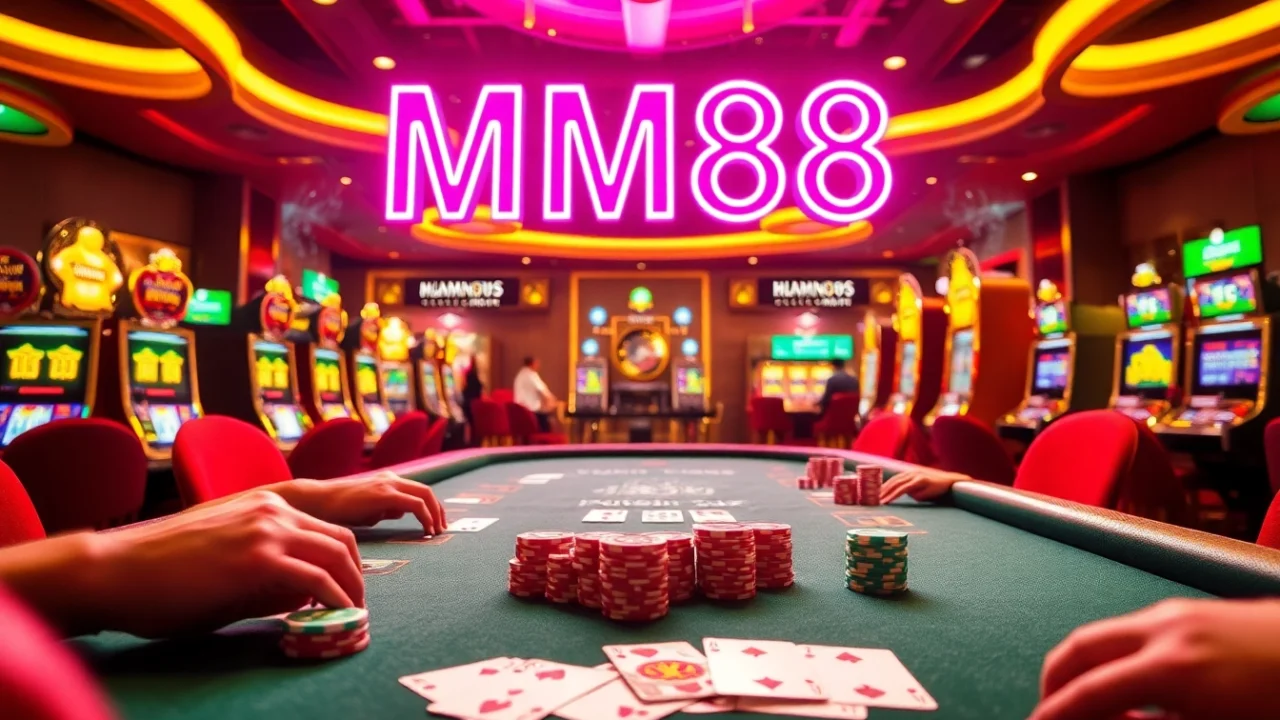 MM88 enthusiasts enjoying an exciting high-stakes poker game in a luxurious casino.