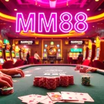 MM88 enthusiasts enjoying an exciting high-stakes poker game in a luxurious casino.
