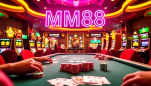 MM88 enthusiasts enjoying an exciting high-stakes poker game in a luxurious casino.
