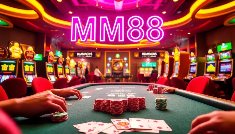 MM88 enthusiasts enjoying an exciting high-stakes poker game in a luxurious casino.