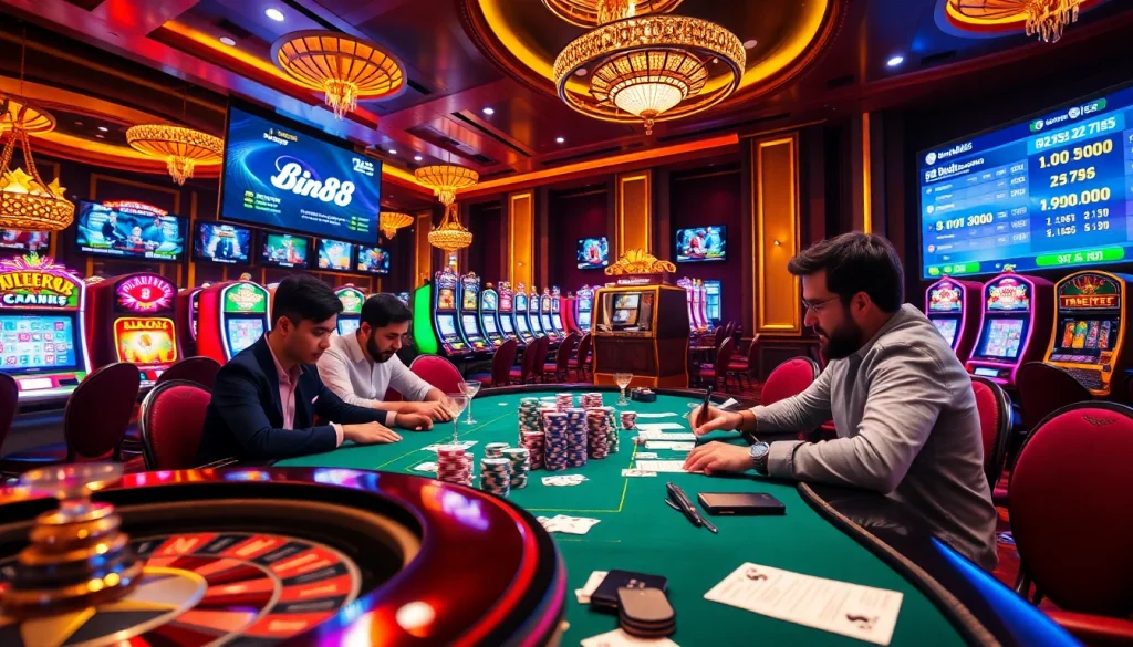 Players celebrating wins at the Bin88 casino with vibrant slot machines, poker chips, and a lively roulette table.