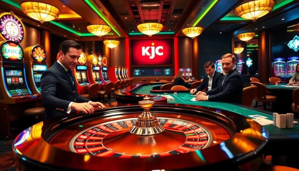 KJC casino scene featuring a glamorous roulette table and professional gamblers engaged in strategic gameplay.