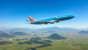 Vietnam Airlines VN168 flight soaring above Vietnam's scenic landscapes with clear skies and mountains.