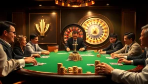 A thrilling poker game scene at trang chủ PS99 featuring elegant players and vibrant chips.