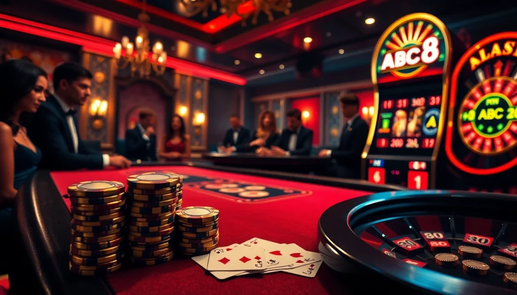 Experience the thrill of ABC8 at a luxurious poker table surrounded by chips and cards.