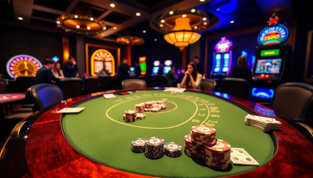 Engaged players at the LC 88 casino table, surrounded by vibrant gambling elements.