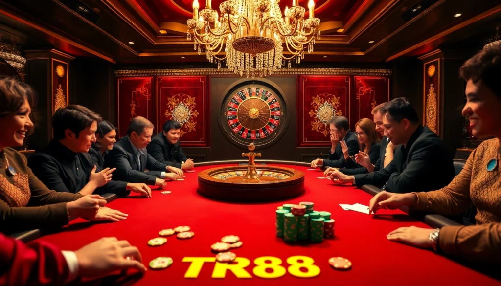 Players enjoying a thrilling poker game with TR88 branding in a luxurious casino setting.