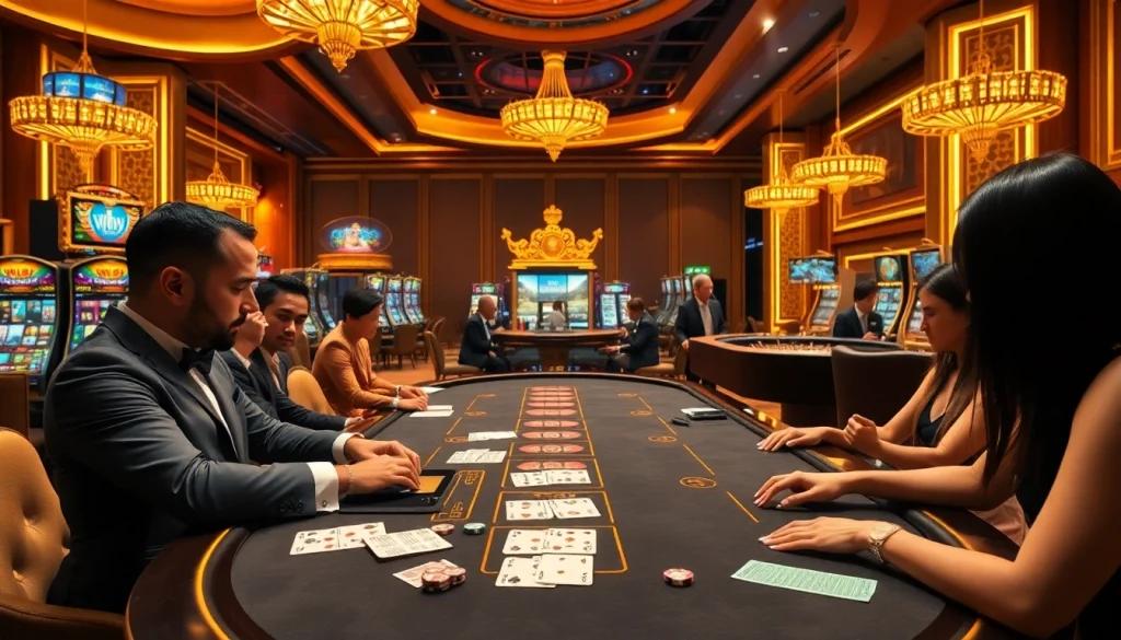 Players engaged in thrilling games at nhà cái SV388 casino with vibrant atmosphere and luxury.
