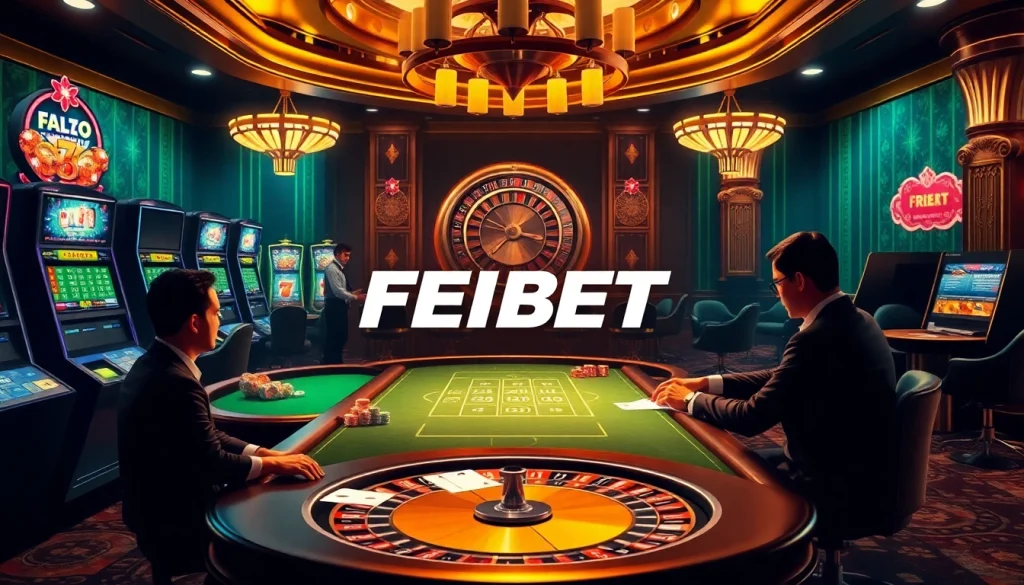 Experience the thrill of FEBET gaming with vibrant casino elements like poker tables and slot machines.