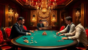 Engaging poker players at a luxurious table reflecting excitement for trang chủ i9bet.