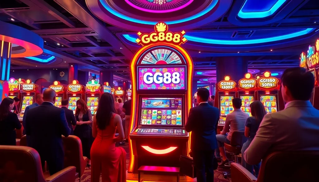 Excited players enjoying the vibrant gg88 slot machine in a luxurious casino environment.