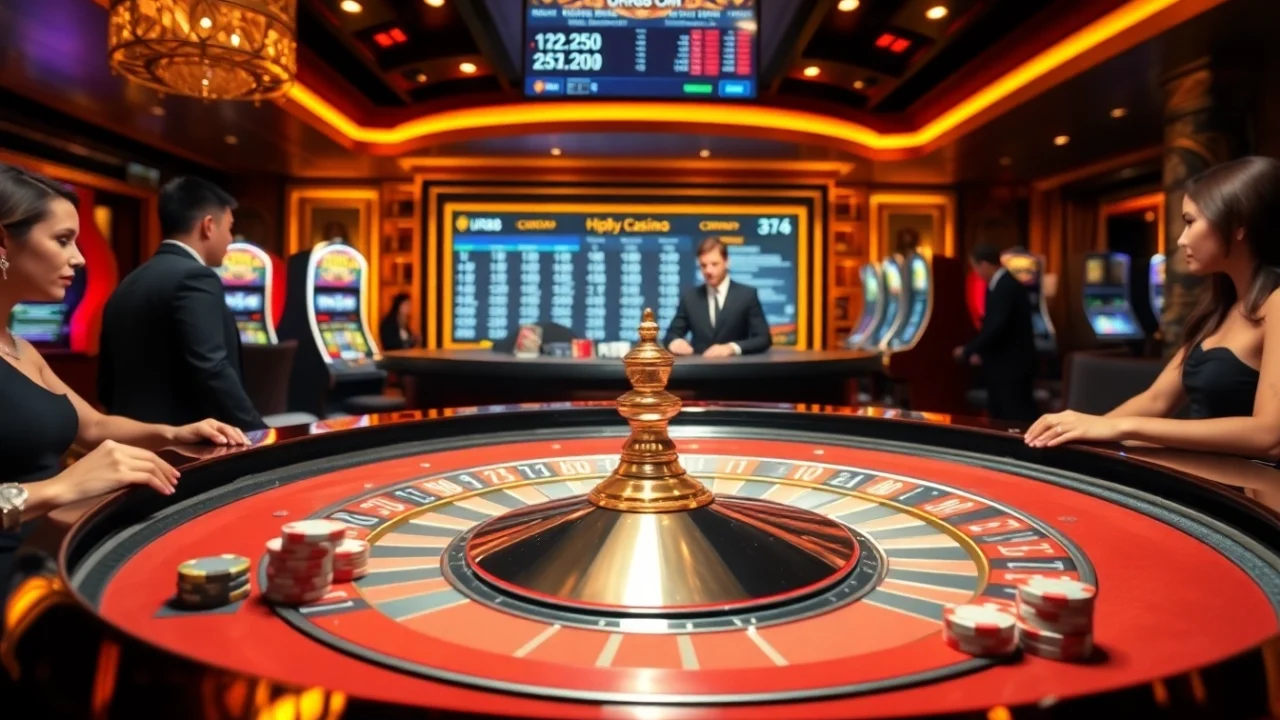 Experience thrilling gaming at https://urr88.com/ with this vibrant casino scene filled with roulette tables and players.